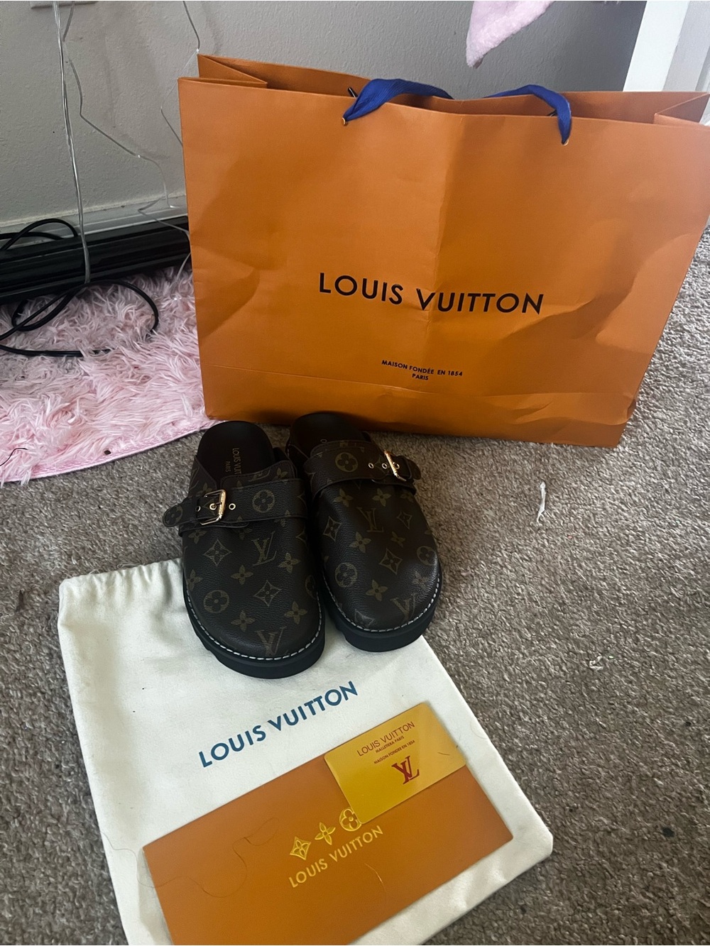 Louis Vuitton Brown Monogram Slip-On Clogs with Gold Buckle